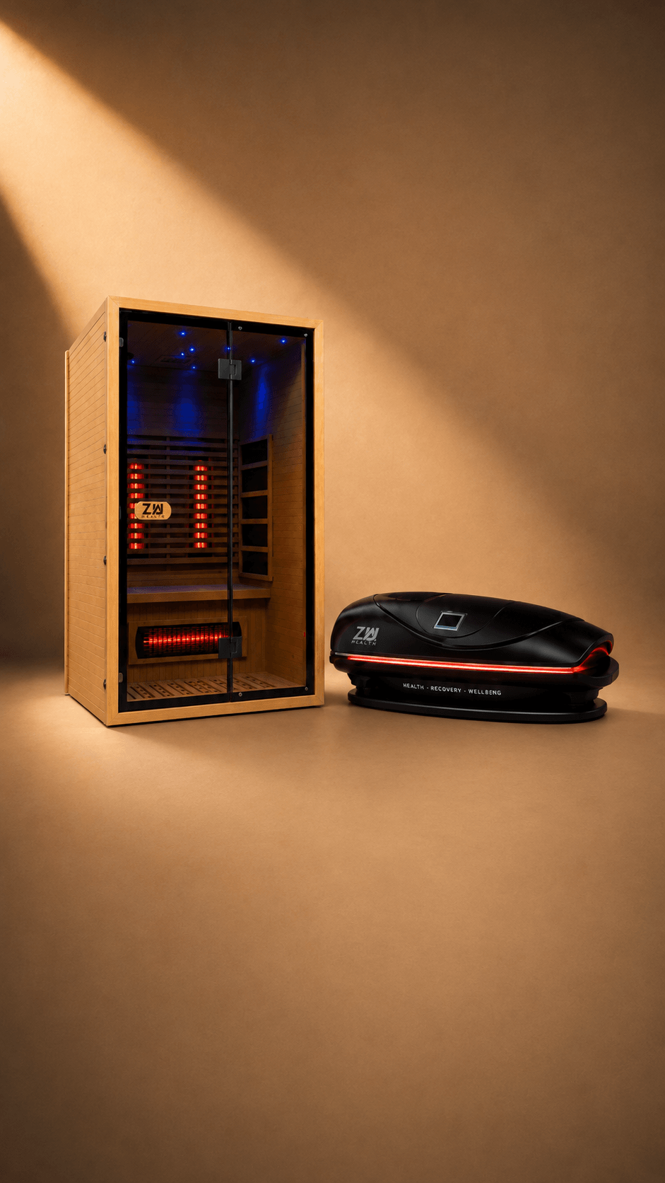 A Zua infrared sauna and Therapy Pod in a warm studio, framed for a phone